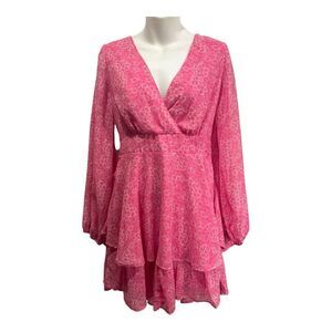 Jopna Pink Floral Tiered Dress Standard M 3/4 Sleeve V-Neck